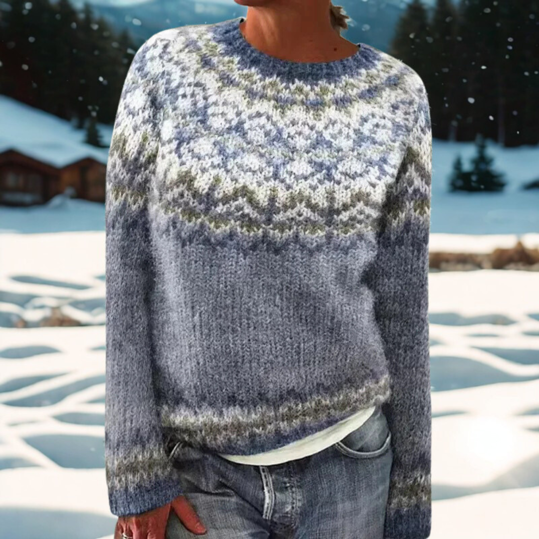 Genevieve – Warm Jumper with Traditional Woven Shoulder Pattern
